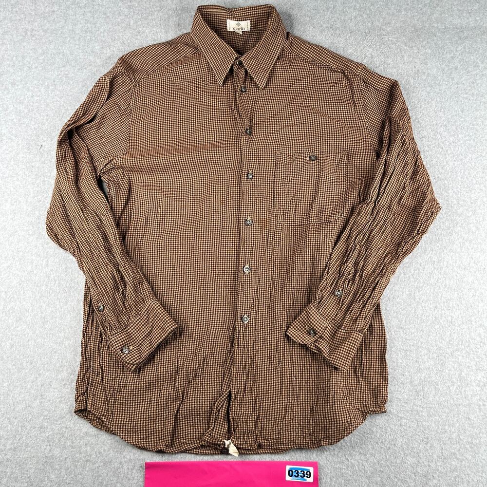 Zanella Shirt Large Orange Check Made In Italy Rayon Button Up Long Sleeve Mens